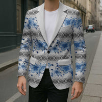 Samoa White Sunday Blazer Samoan Tapa Blue Hibiscus - Polynesian Pride