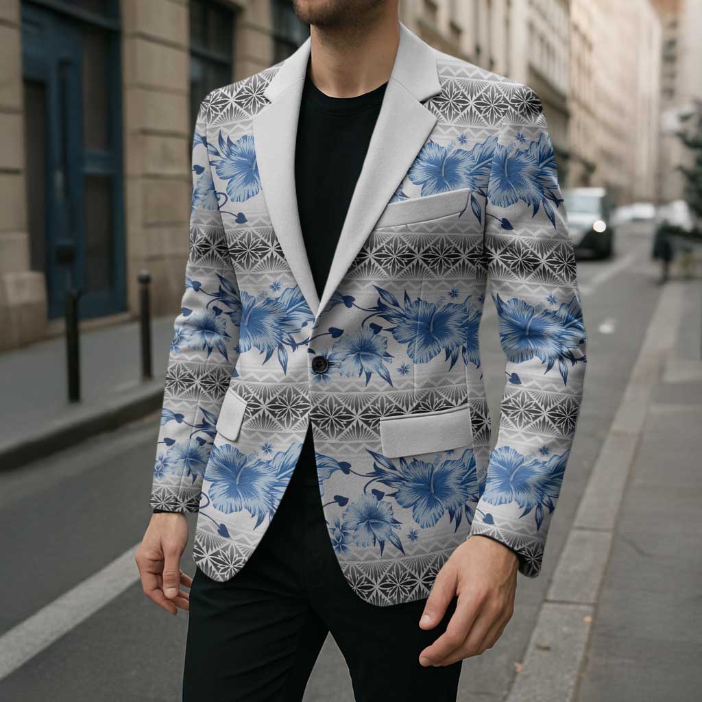 Samoa White Sunday Blazer Samoan Tapa Blue Hibiscus - Polynesian Pride