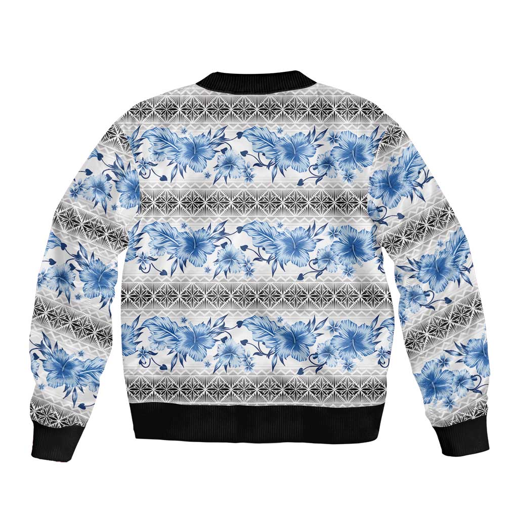 Samoa White Sunday Bomber Jacket Samoan Tapa Blue Hibiscus LT05 - Polynesian Pride