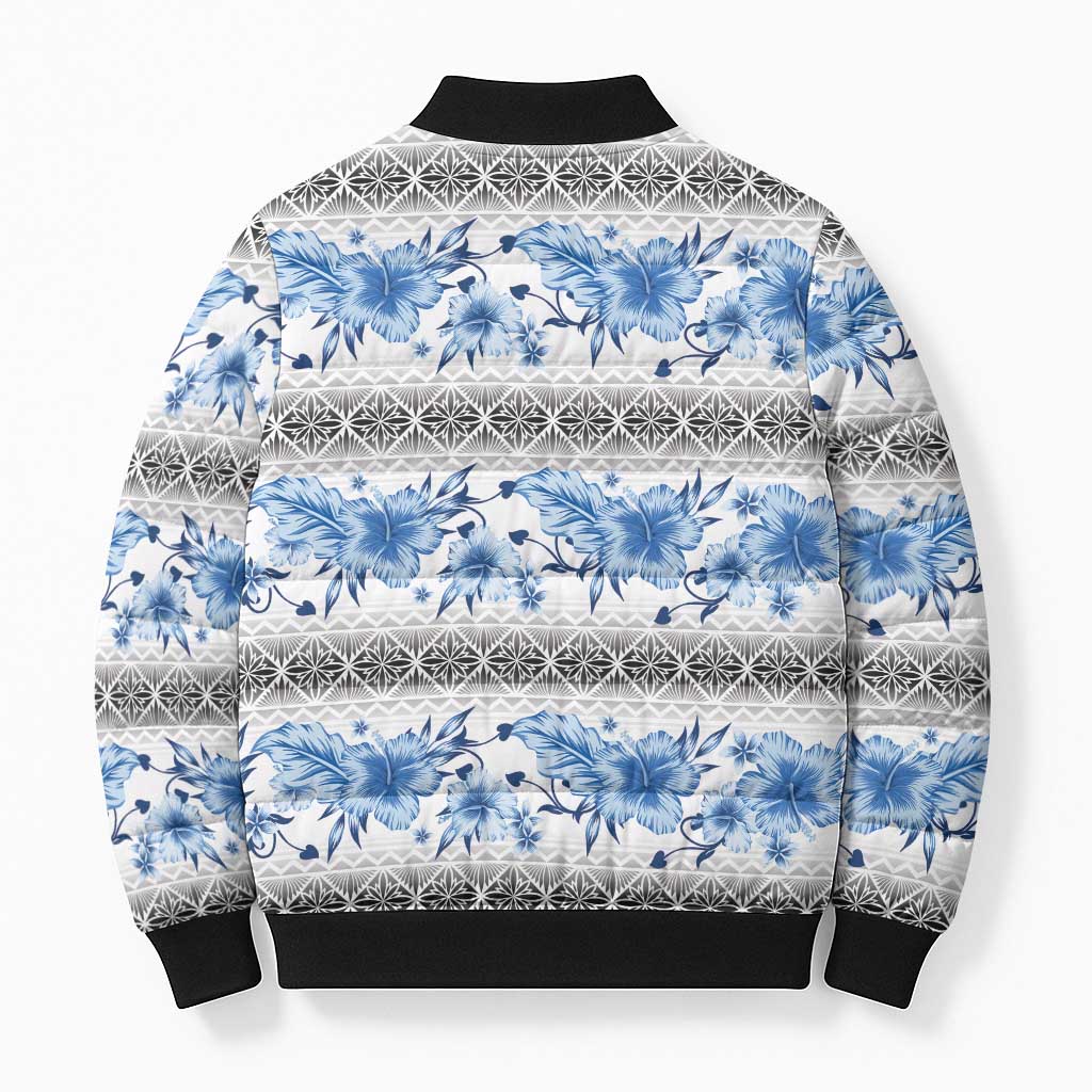 Samoa White Sunday Bomber Puffer Jacket Samoan Tapa Blue Hibiscus - Polynesian Pride