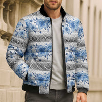 Samoa White Sunday Bomber Puffer Jacket Samoan Tapa Blue Hibiscus - Polynesian Pride