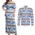 Samoa White Sunday Couples Matching Off Shoulder Maxi Dress and Long Sleeve Button Shirt Samoan Tapa Blue Hibiscus - Polynesian Pride