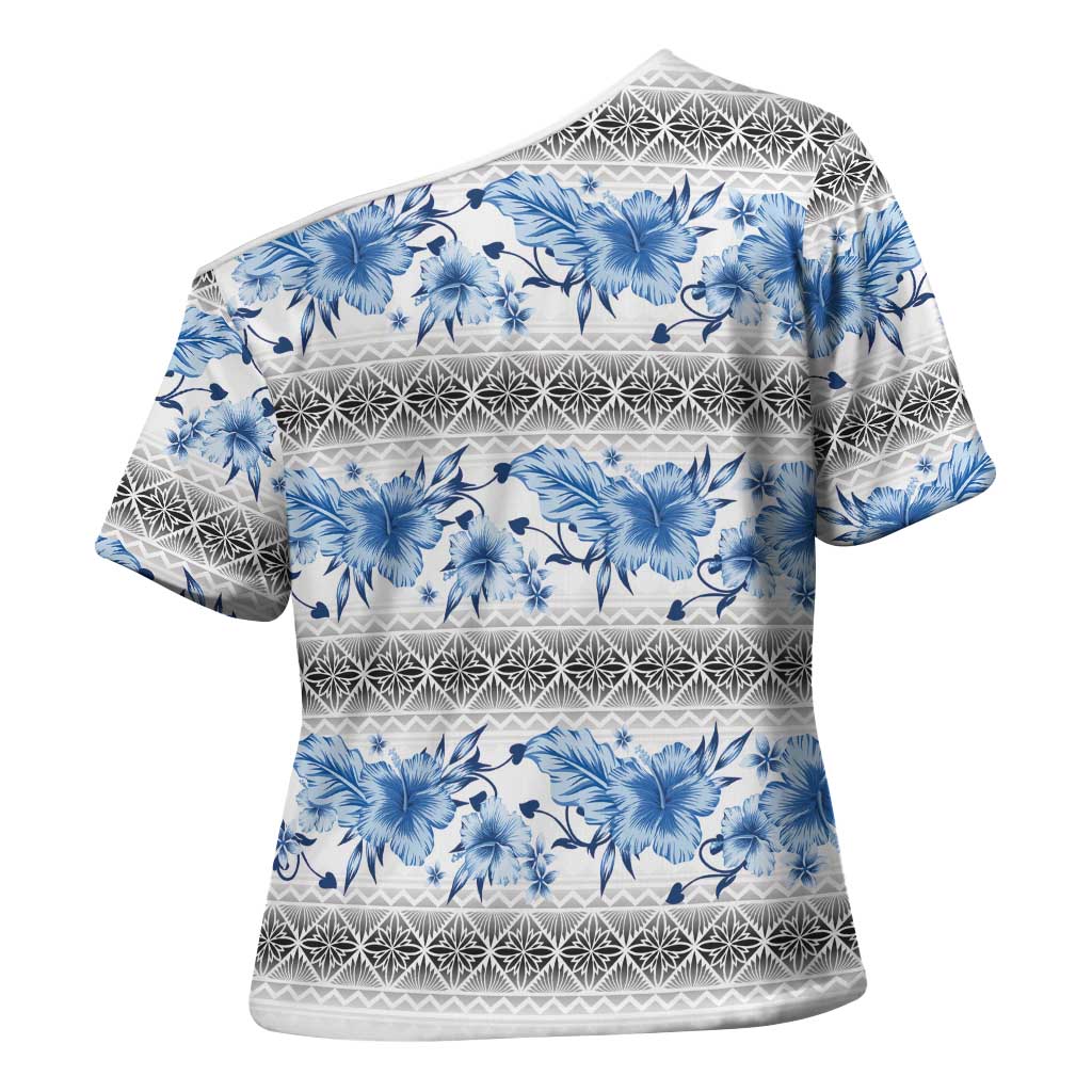 Samoa White Sunday Cross Shoulder Shirt Samoan Tapa Blue Hibiscus - Polynesian Pride