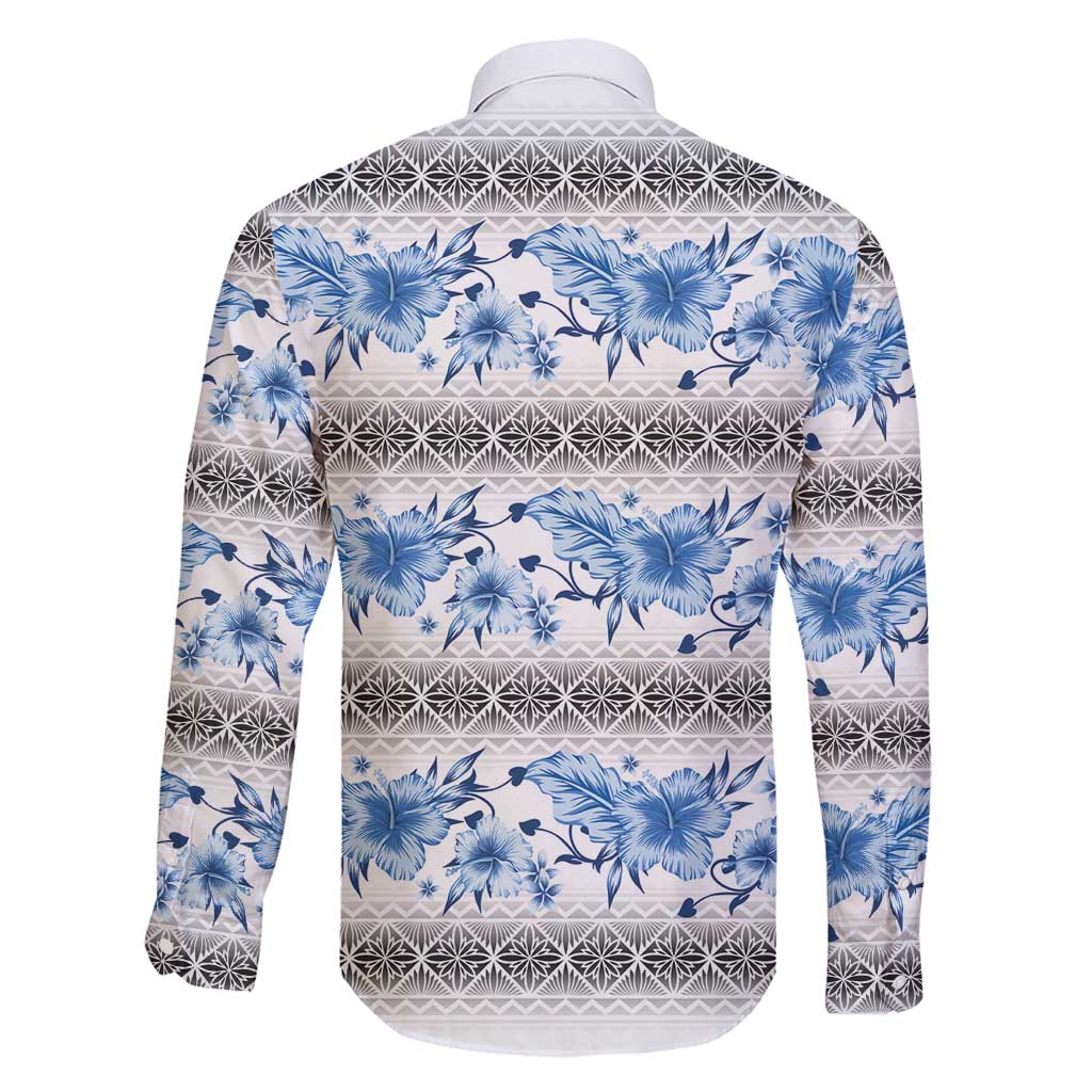 Samoa White Sunday Family Matching Long Sleeve Bodycon Dress and Hawaiian Shirt Samoan Tapa Blue Hibiscus - Polynesian Pride