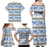 Samoa White Sunday Family Matching Off Shoulder Maxi Dress and Hawaiian Shirt Samoan Tapa Blue Hibiscus - Polynesian Pride
