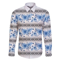 Samoa White Sunday Family Matching Off Shoulder Maxi Dress and Hawaiian Shirt Samoan Tapa Blue Hibiscus - Polynesian Pride