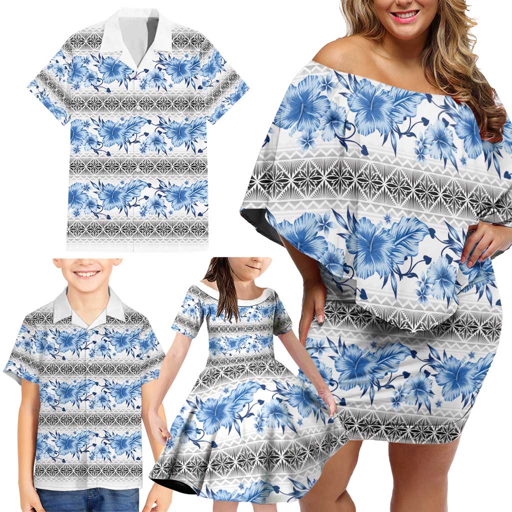 Samoa White Sunday Family Matching Off Shoulder Short Dress and Hawaiian Shirt Samoan Tapa Blue Hibiscus - Polynesian Pride