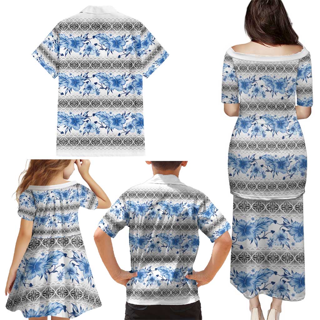 Samoa White Sunday Family Matching Puletasi and Hawaiian Shirt Samoan Tapa Blue Hibiscus - Polynesian Pride