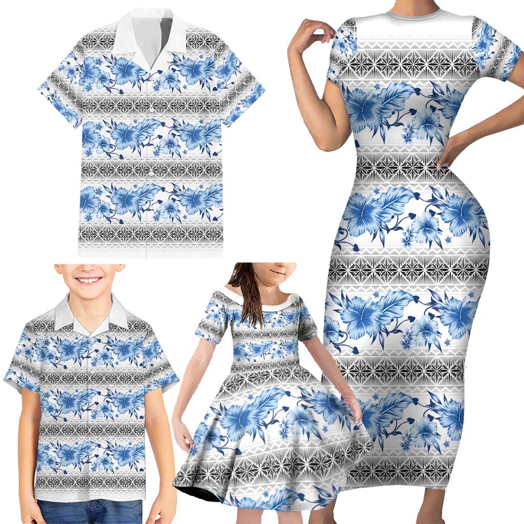 Samoa White Sunday Family Matching Short Sleeve Bodycon Dress and Hawaiian Shirt Samoan Tapa Blue Hibiscus - Polynesian Pride