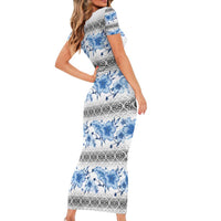Samoa White Sunday Family Matching Short Sleeve Bodycon Dress and Hawaiian Shirt Samoan Tapa Blue Hibiscus - Polynesian Pride