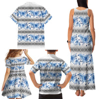Samoa White Sunday Family Matching Tank Maxi Dress and Hawaiian Shirt Samoan Tapa Blue Hibiscus - Polynesian Pride