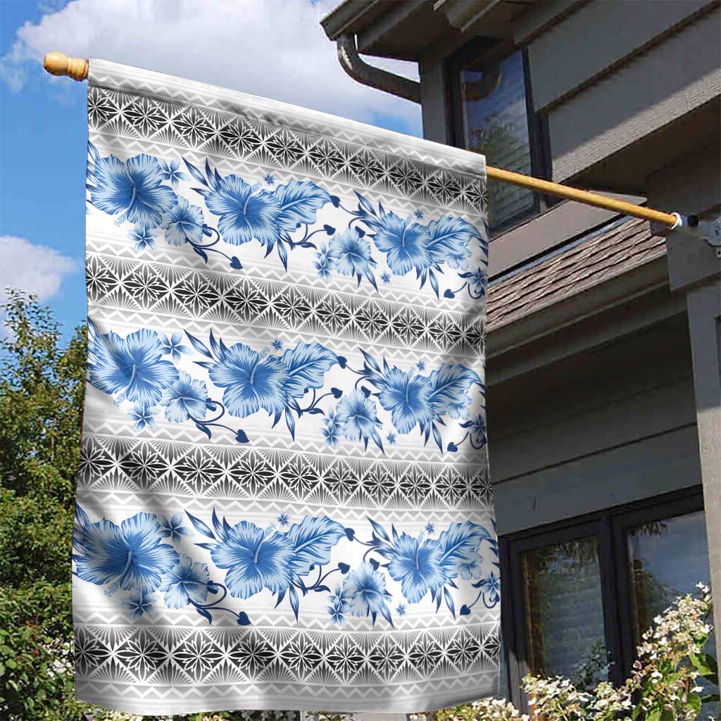 Samoa White Sunday Garden Flag Samoan Tapa Blue Hibiscus - Polynesian Pride