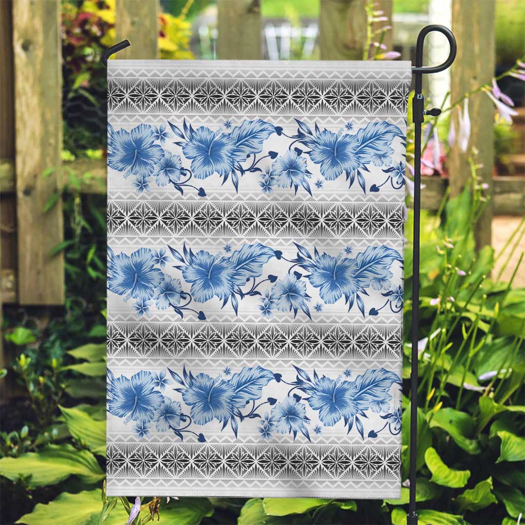 Samoa White Sunday Garden Flag Samoan Tapa Blue Hibiscus - Polynesian Pride