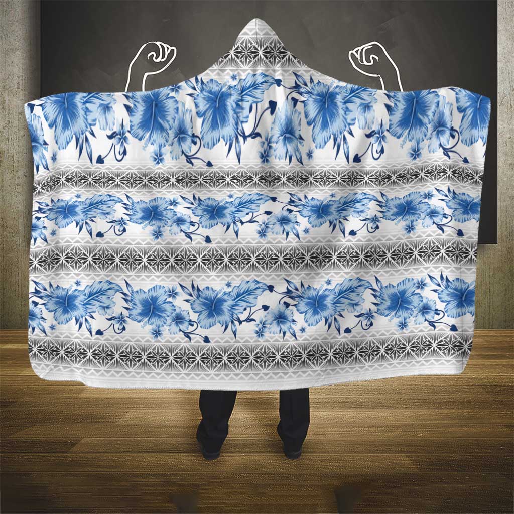 Samoa White Sunday Hooded Blanket Samoan Tapa Blue Hibiscus - Polynesian Pride