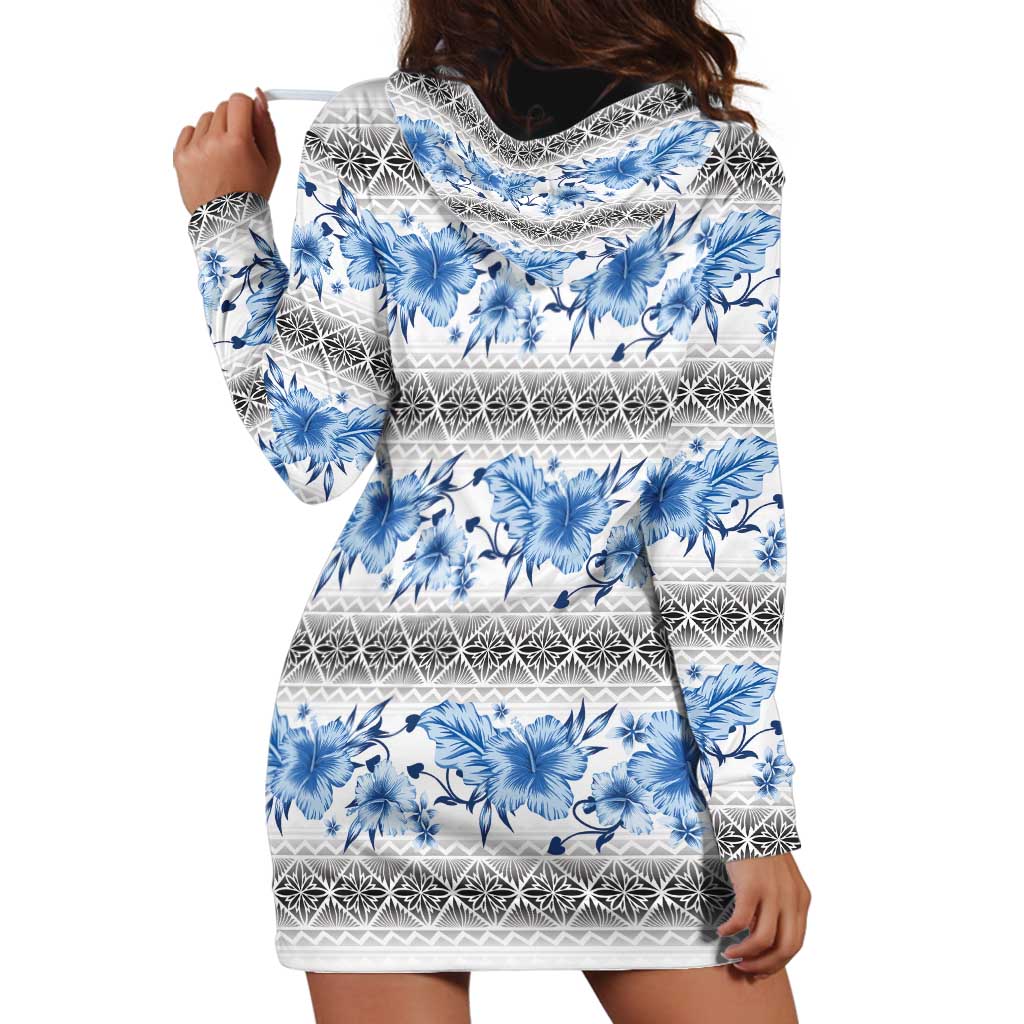 Samoa White Sunday Hoodie Dress Samoan Tapa Blue Hibiscus - Polynesian Pride