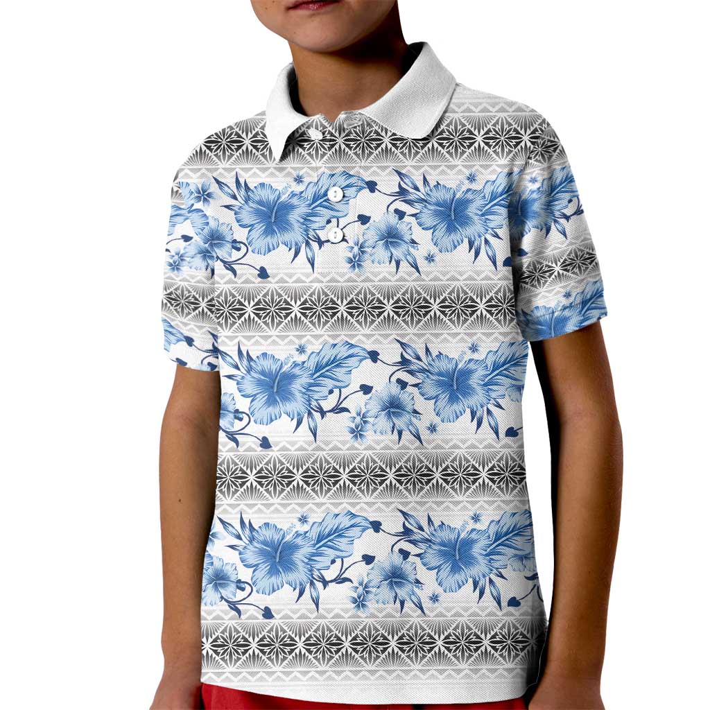 Samoa White Sunday Kid Polo Shirt Samoan Tapa Blue Hibiscus - Polynesian Pride