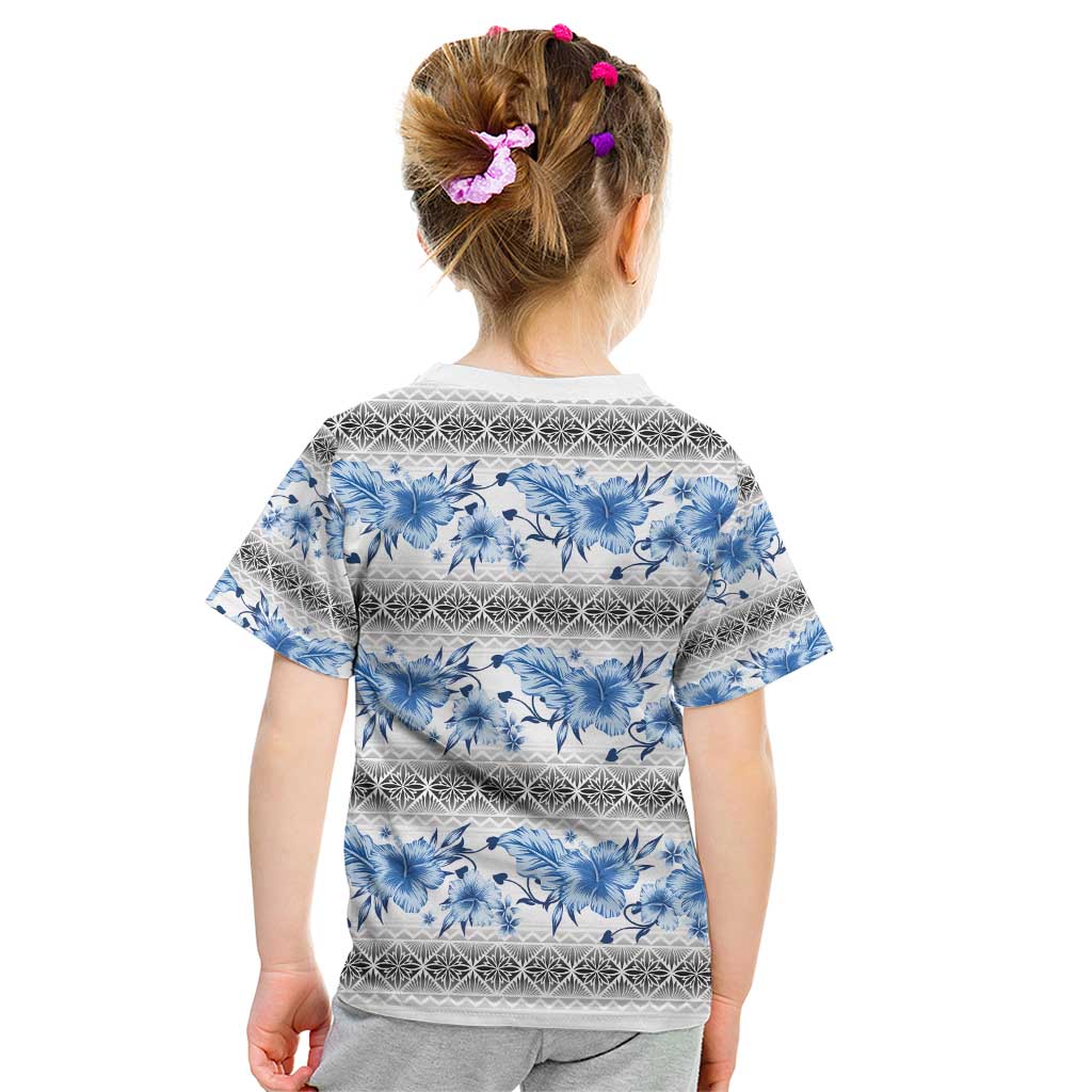 Samoa White Sunday Kid T Shirt Samoan Tapa Blue Hibiscus - Polynesian Pride