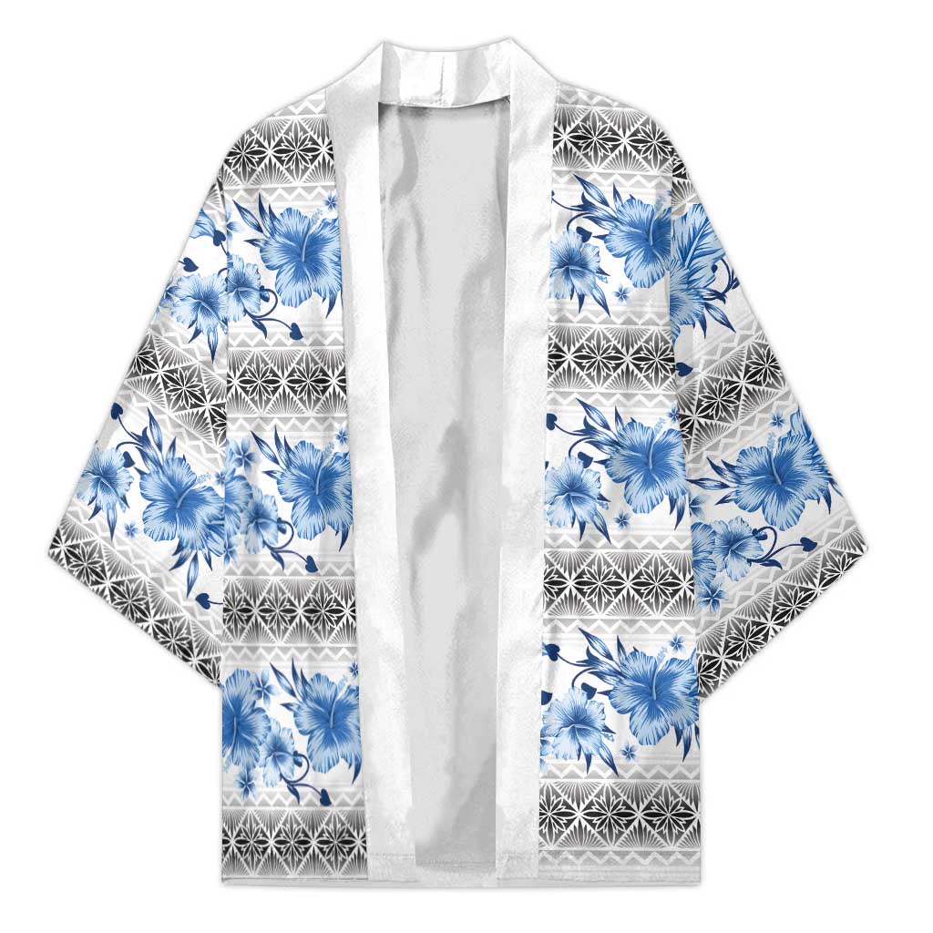 Samoa White Sunday Kimono Samoan Tapa Blue Hibiscus - Polynesian Pride