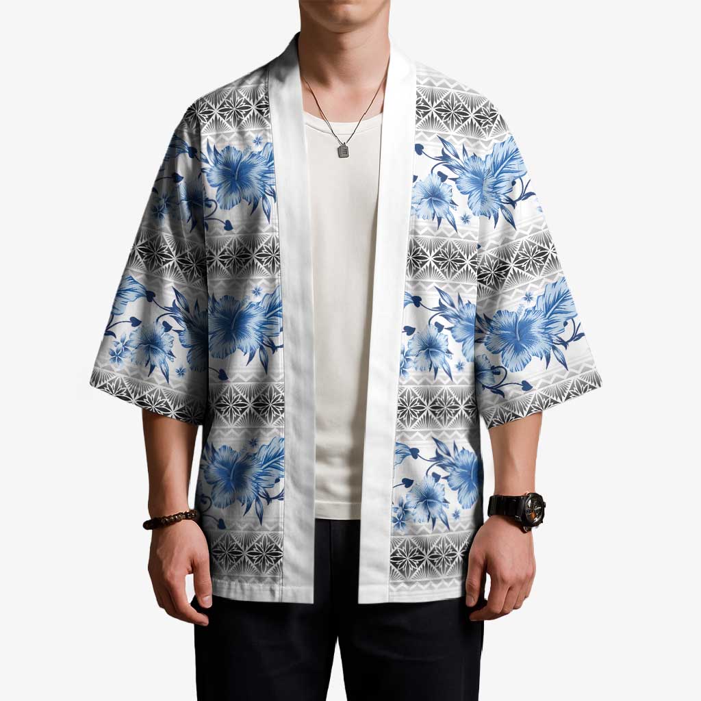 Samoa White Sunday Kimono Samoan Tapa Blue Hibiscus - Polynesian Pride