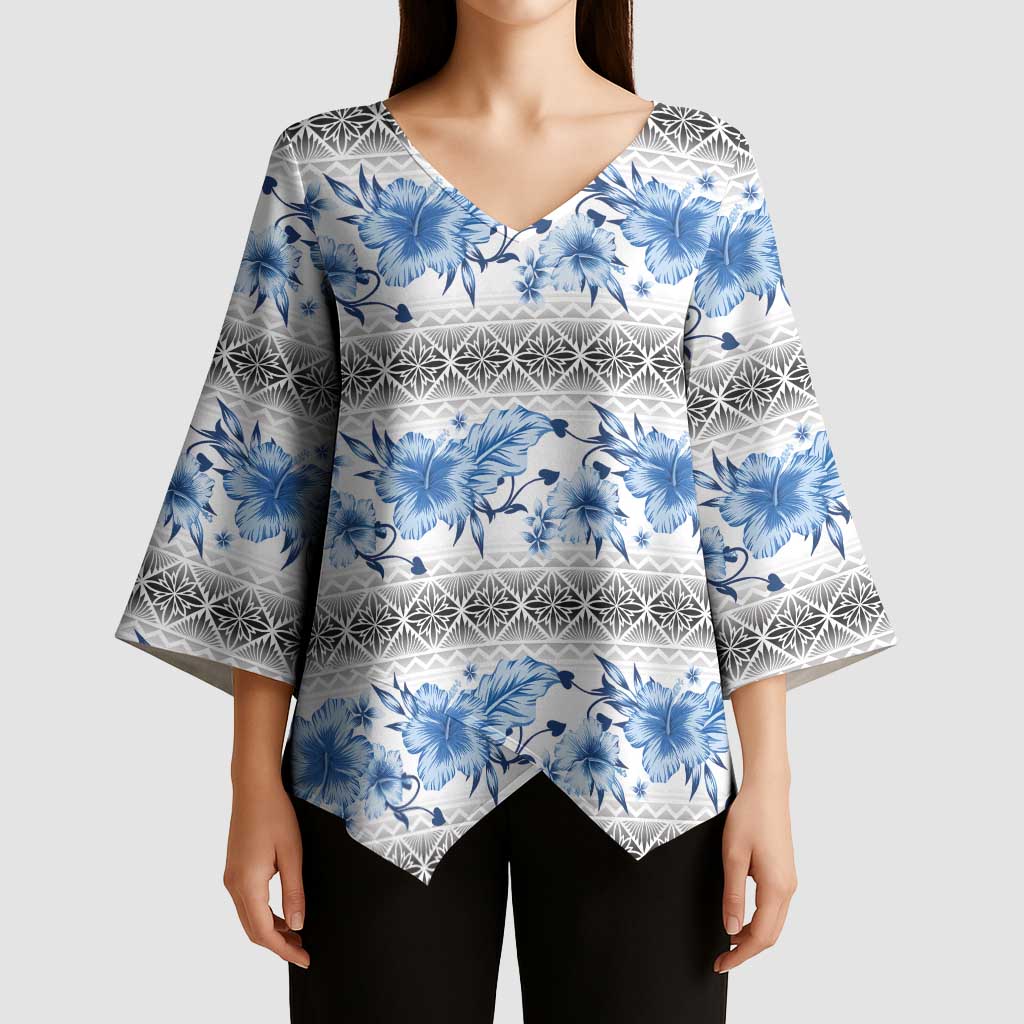 Samoa White Sunday Kimono Sleeve Blouse Samoan Tapa Blue Hibiscus - Polynesian Pride