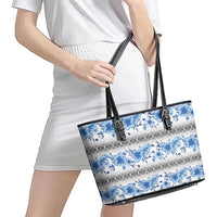 Samoa White Sunday Leather Tote Bag Samoan Tapa Blue Hibiscus - Polynesian Pride