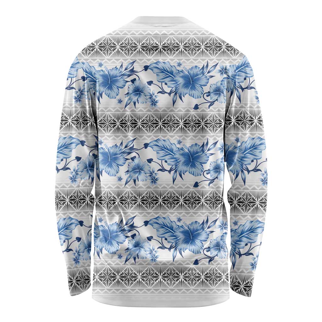 Samoa White Sunday Long Sleeve Shirt Samoan Tapa Blue Hibiscus - Polynesian Pride