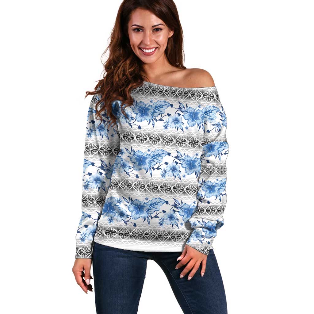 Samoa White Sunday Off Shoulder Sweater Samoan Tapa Blue Hibiscus - Polynesian Pride