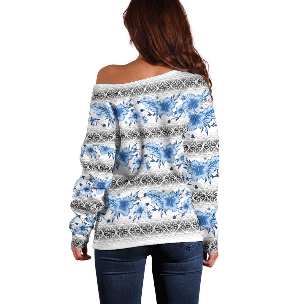 Samoa White Sunday Off Shoulder Sweater Samoan Tapa Blue Hibiscus - Polynesian Pride
