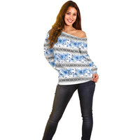 Samoa White Sunday Off Shoulder Sweater Samoan Tapa Blue Hibiscus - Polynesian Pride