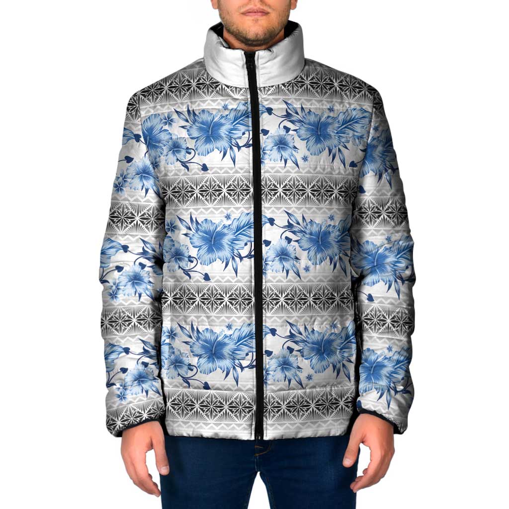 Samoa White Sunday Padded Jacket Samoan Tapa Blue Hibiscus - Polynesian Pride