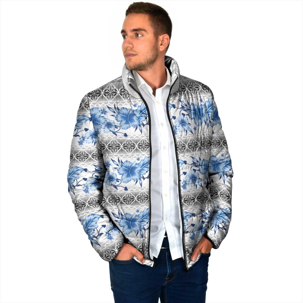 Samoa White Sunday Padded Jacket Samoan Tapa Blue Hibiscus - Polynesian Pride