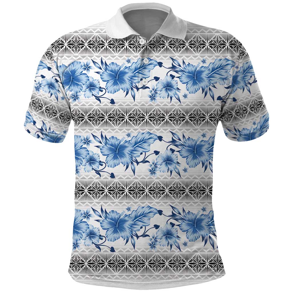 Samoa White Sunday Polo Shirt Samoan Tapa Blue Hibiscus - Polynesian Pride