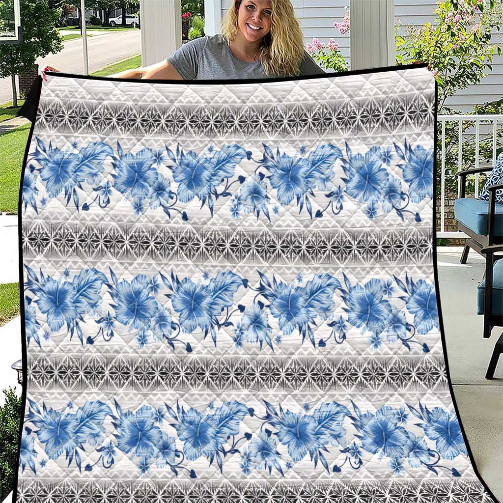 Samoa White Sunday Quilt Samoan Tapa Blue Hibiscus - Polynesian Pride