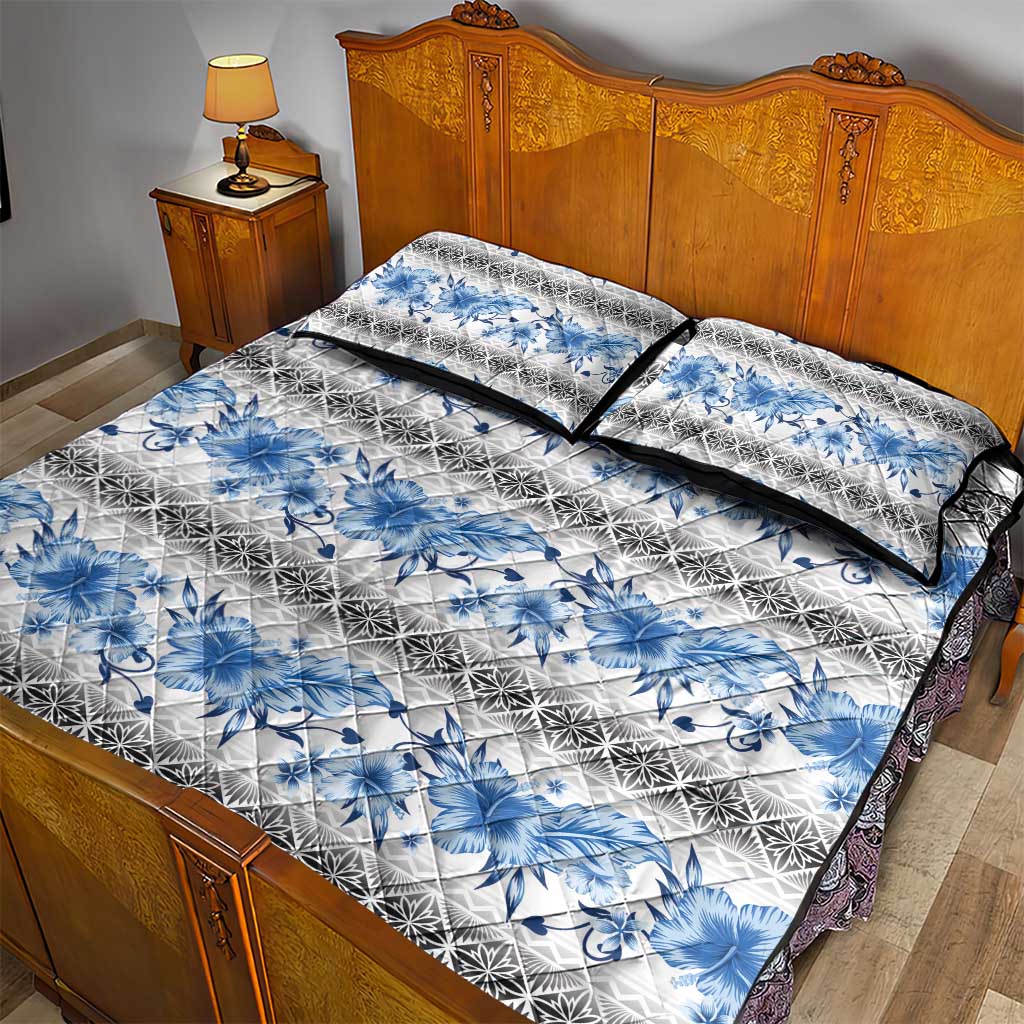 Samoa White Sunday Quilt Bed Set Samoan Tapa Blue Hibiscus - Polynesian Pride