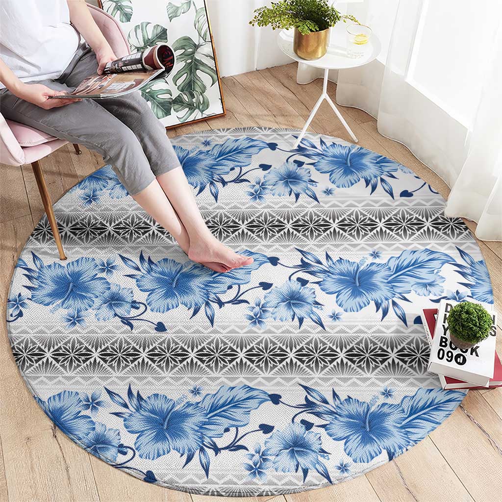 Samoa White Sunday Round Carpet Samoan Tapa Blue Hibiscus - Polynesian Pride