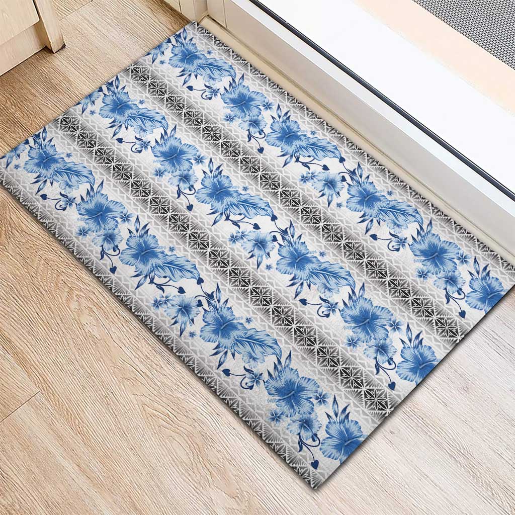 Samoa White Sunday Rubber Doormat Samoan Tapa Blue Hibiscus - Polynesian Pride