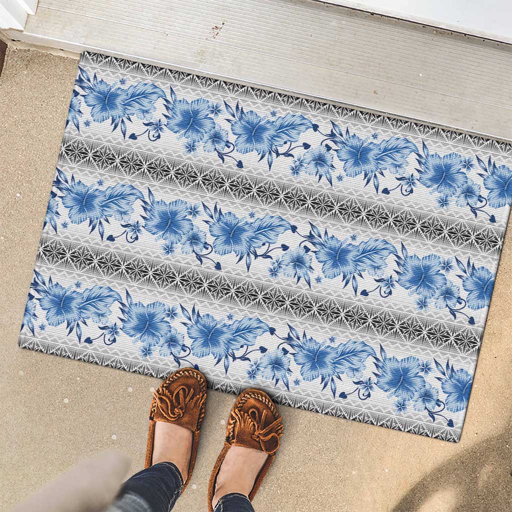 Samoa White Sunday Rubber Doormat Samoan Tapa Blue Hibiscus - Polynesian Pride