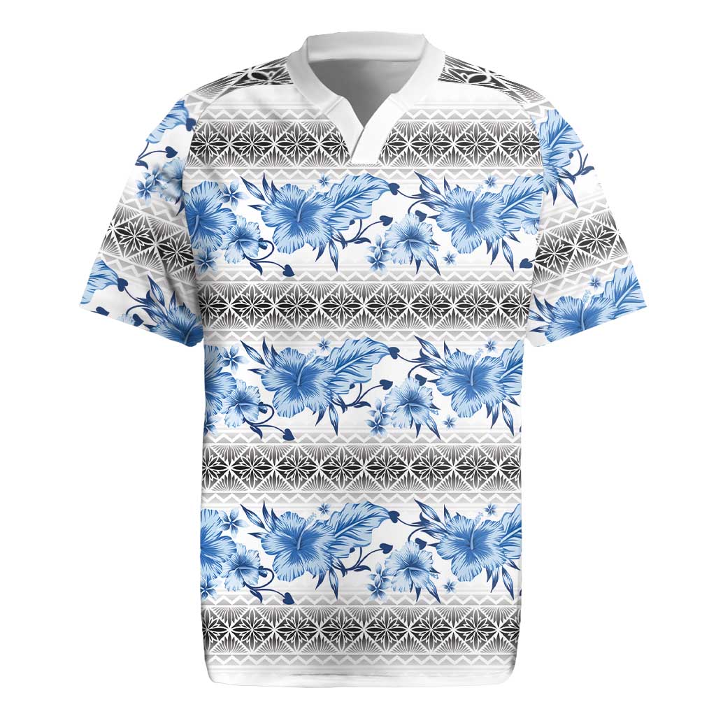Samoa White Sunday Rugby Jersey Samoan Tapa Blue Hibiscus - Polynesian Pride