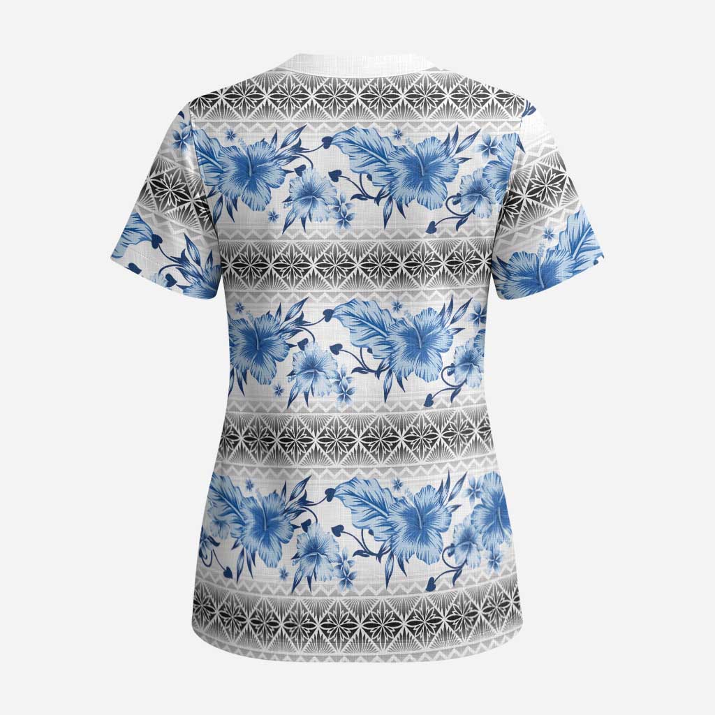 Samoa White Sunday Scrub Top Samoan Tapa Blue Hibiscus - Polynesian Pride