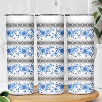 Samoa White Sunday Skinny Tumbler Samoan Tapa Blue Hibiscus - Polynesian Pride