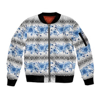Samoa White Sunday Sleeve Zip Bomber Jacket Samoan Tapa Blue Hibiscus LT05 Unisex Blue - Polynesian Pride