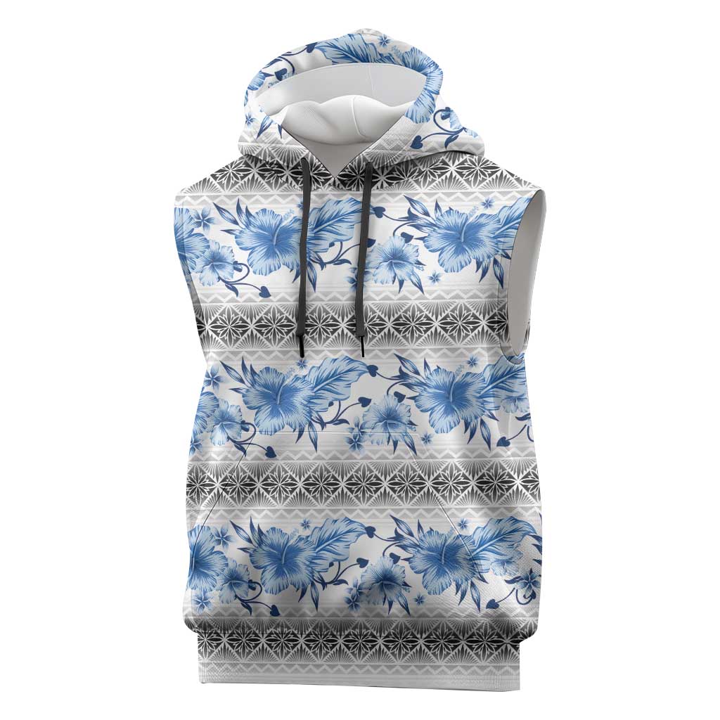 Samoa White Sunday Sleeveless Hoodie Samoan Tapa Blue Hibiscus - Polynesian Pride