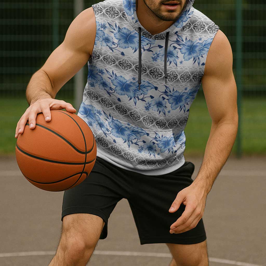 Samoa White Sunday Sleeveless Hoodie Samoan Tapa Blue Hibiscus - Polynesian Pride