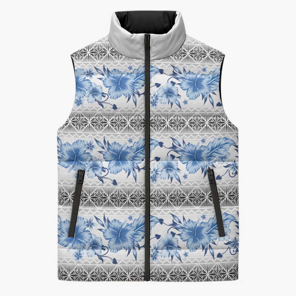 Samoa White Sunday Sleeveless Puffer Jacket Samoan Tapa Blue Hibiscus - Polynesian Pride
