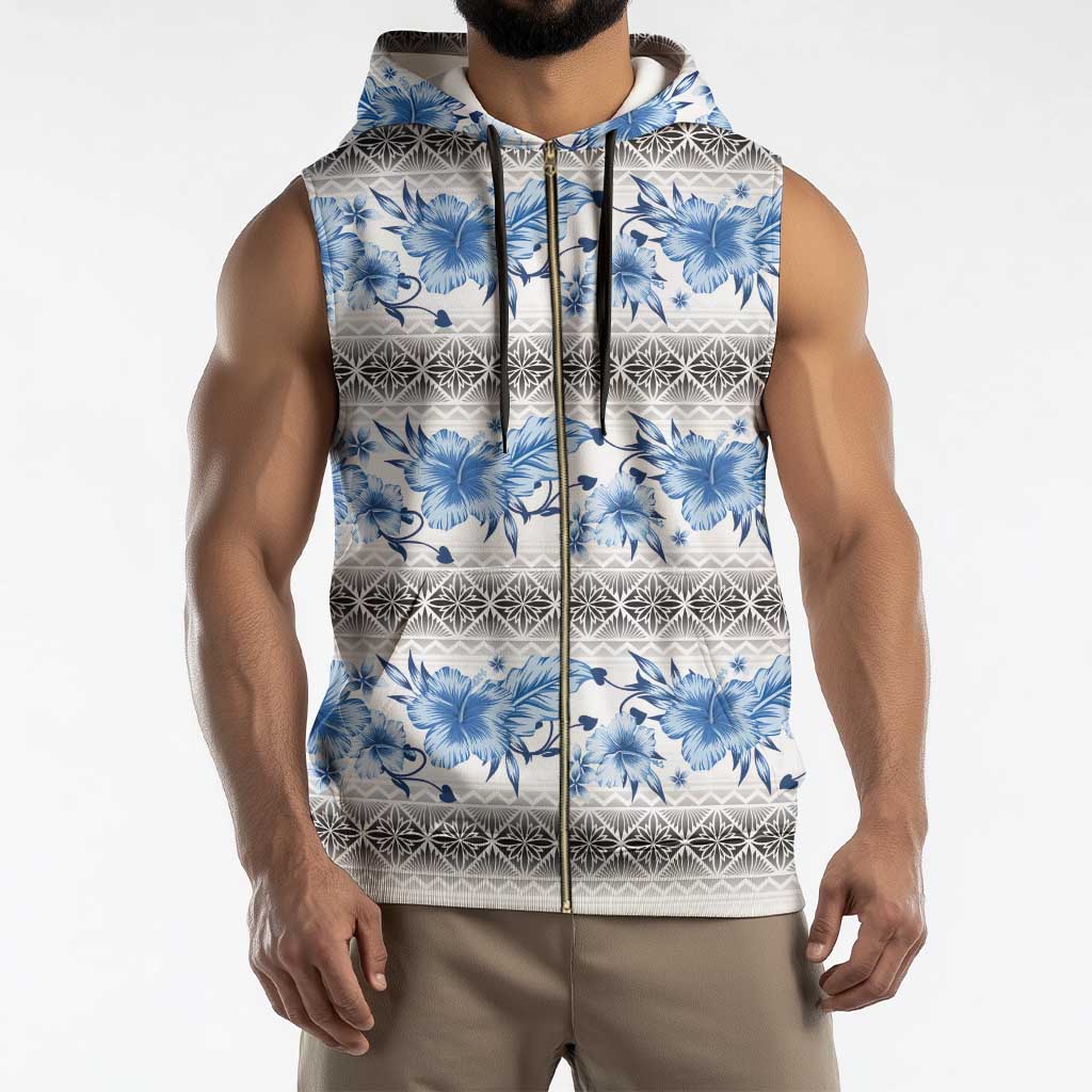 Samoa White Sunday Sleeveless Zip Hoodie Samoan Tapa Blue Hibiscus - Polynesian Pride