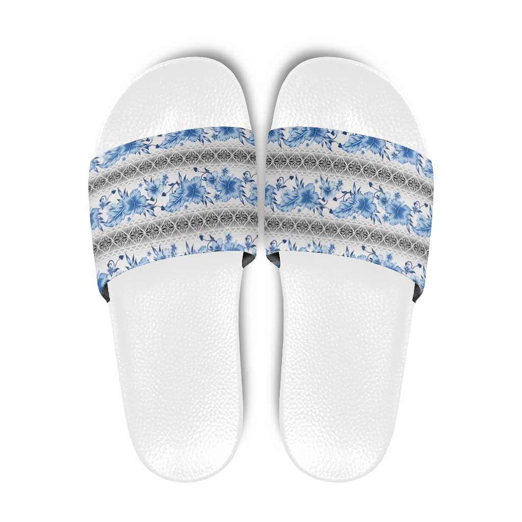 Samoa White Sunday Slide Sandals Samoan Tapa Blue Hibiscus - Polynesian Pride