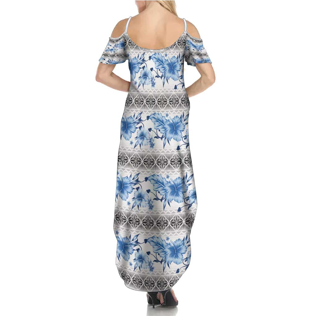 Samoa White Sunday Summer Maxi Dress Samoan Tapa Blue Hibiscus - Polynesian Pride