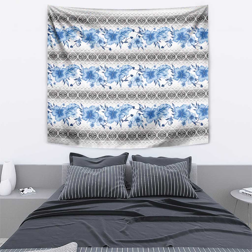 Samoa White Sunday Tapestry Samoan Tapa Blue Hibiscus - Polynesian Pride
