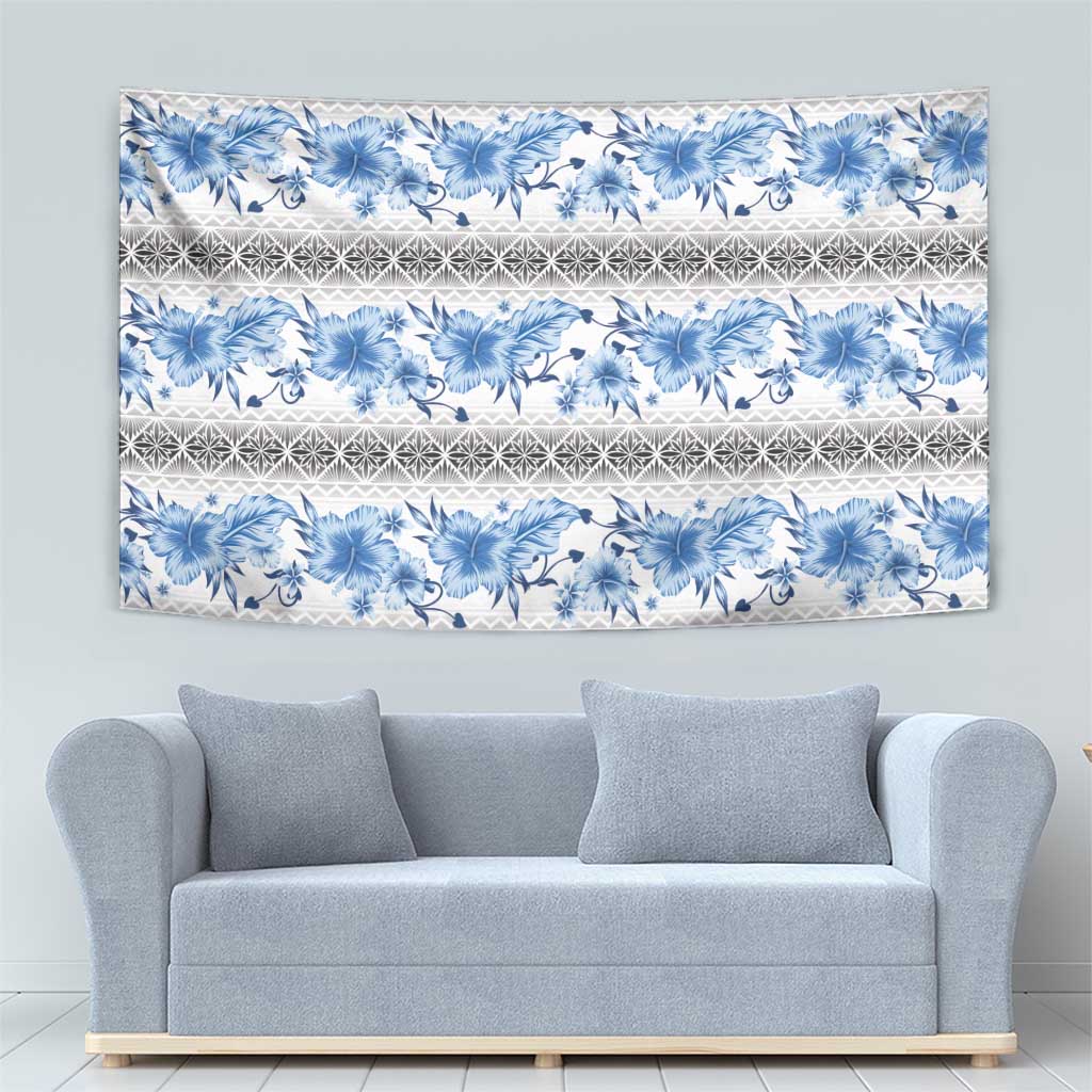 Samoa White Sunday Tapestry Samoan Tapa Blue Hibiscus - Polynesian Pride