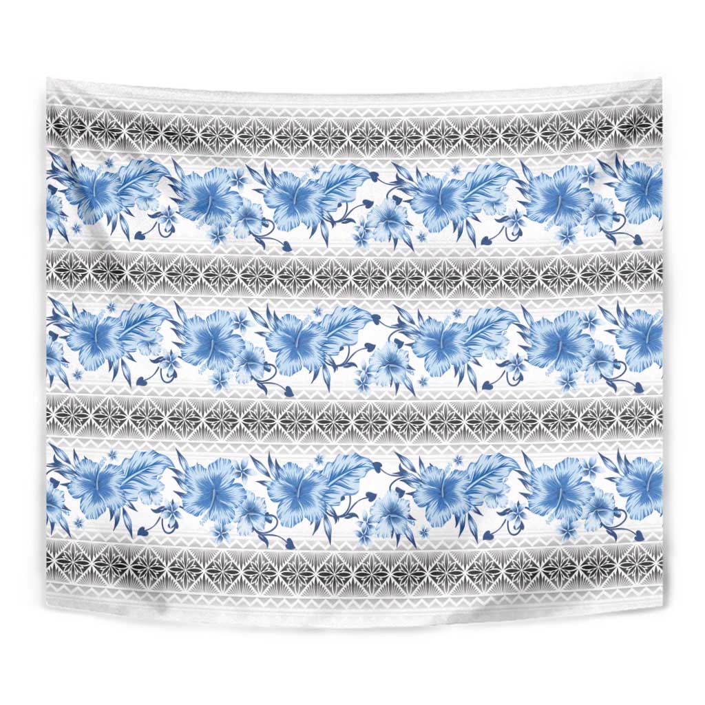Samoa White Sunday Tapestry Samoan Tapa Blue Hibiscus - Polynesian Pride